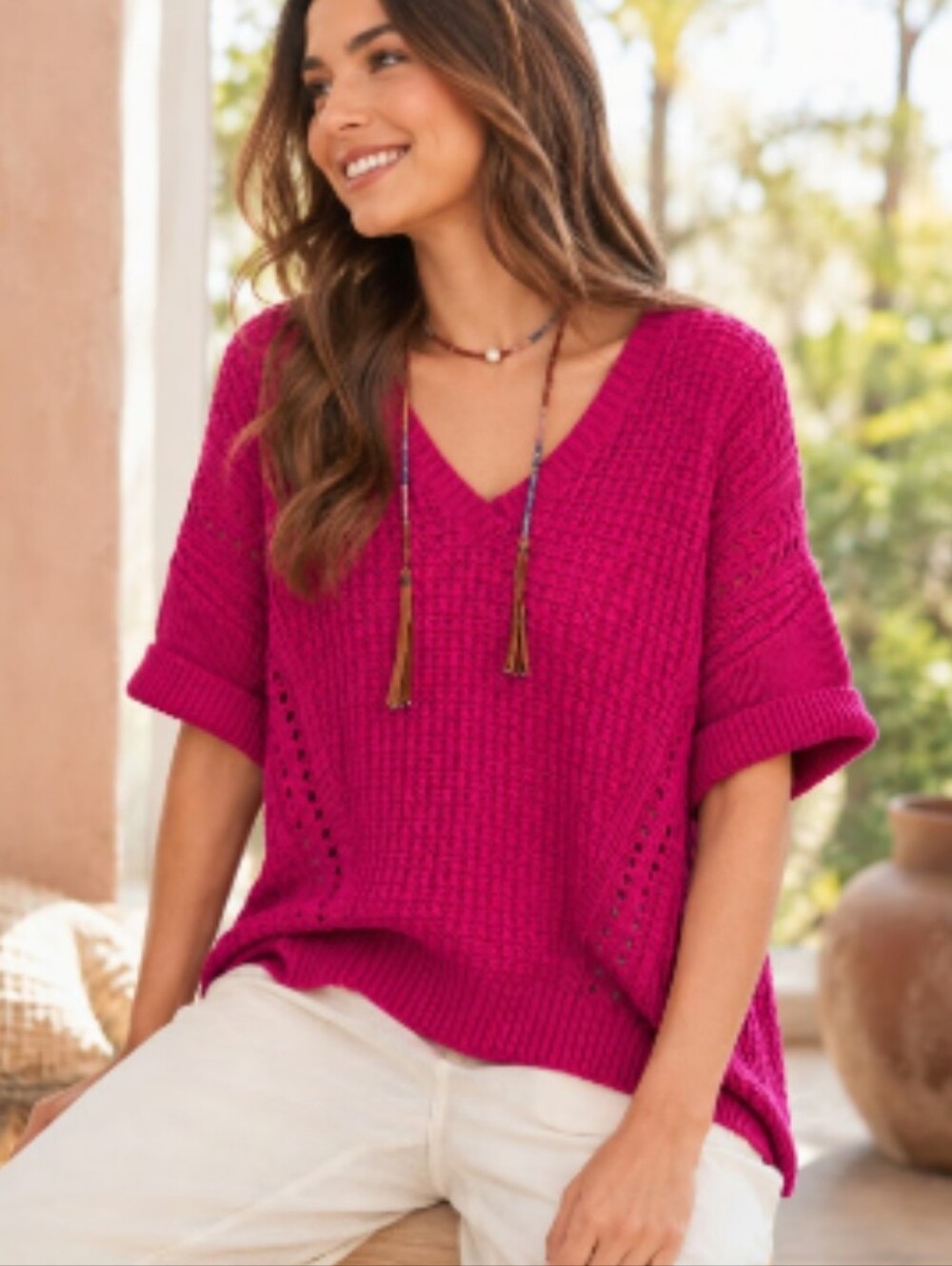 Sundance My Everyday Short Sleeve Chunky Knit Sweater Sangria Magenta V-neck XS